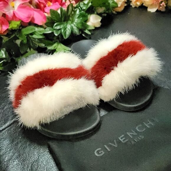 GIVENCHY Fox Fur Tisci fox fur red whitedebossed logo black slides - Picture 4 of 12